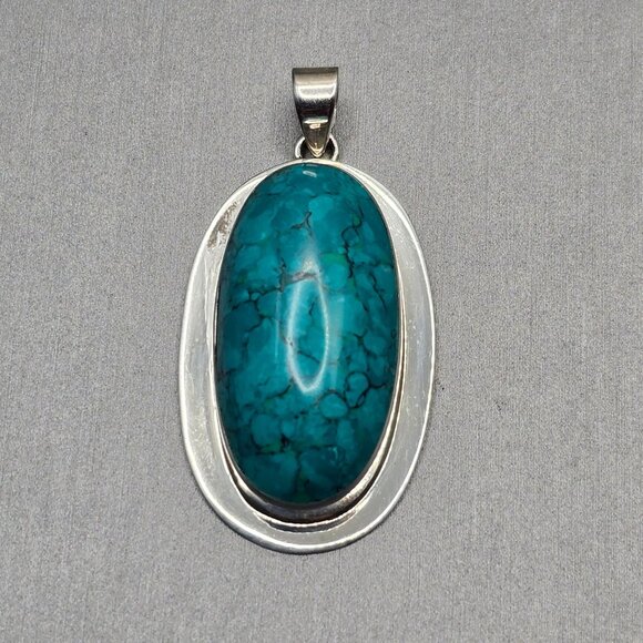 Southwestern 925 Sterling Silver Turquoise Pendant 1.75" Oval Cabochon 9.54g - Picture 1 of 8